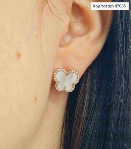 Серьги гвозди "Бабочка" с камешками и перламутровой эмалью, 1,1*1,3см, Xuping 18К 117683 фото 3