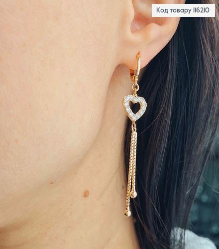 Серьги кольца 1см, с подвесками 5см, Сердечками в камнях и ниточками с шариком, Xuping 18K 116210 фото 2