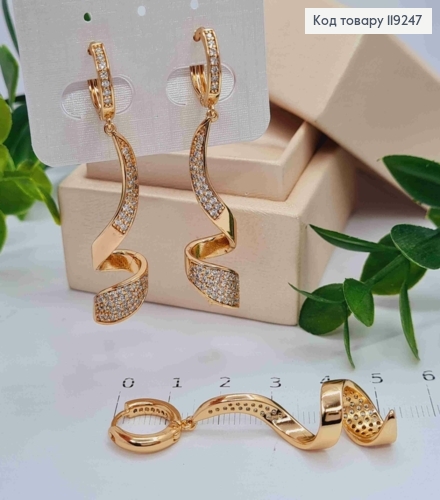 Сережки кільця з підвіскою в Блискучих камінцях (3,8см), діаметр 1,3см, Xuping 18K 119247 фото 3