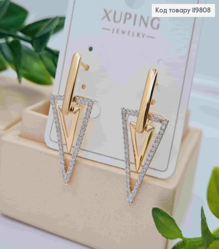 Серьги с подвеской "Треугольники" с Блестящими камешками, 3,4см, английская застежка, XUPING 18K 119808 фото 2