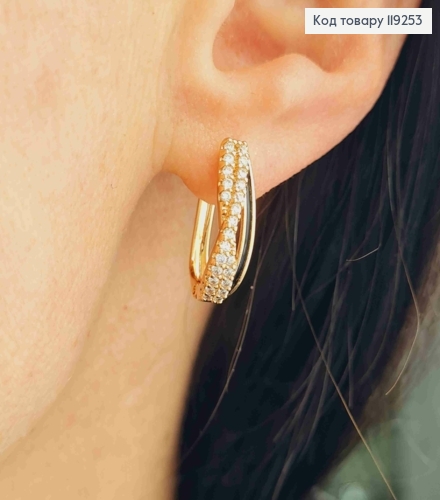 Серьги Овальные с Блестящими камешками и Черной эмалью, длина 1,8см, английская застежка, Xuping 18K 119253 фото 2