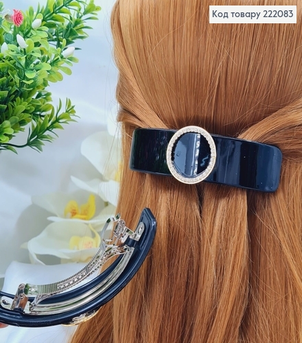 Заколка автомат платик 10*2,5см ПРЯМОУГОЛЬНИЙ черный с БРОШКОЙ в камнях 222083 фото 2