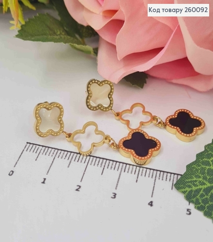 Серьги гвоздики "Van Cleef" с черной и перламутровой эмалью, лимонные 4,5см, сталь Stainless Steel 260092 фото 2