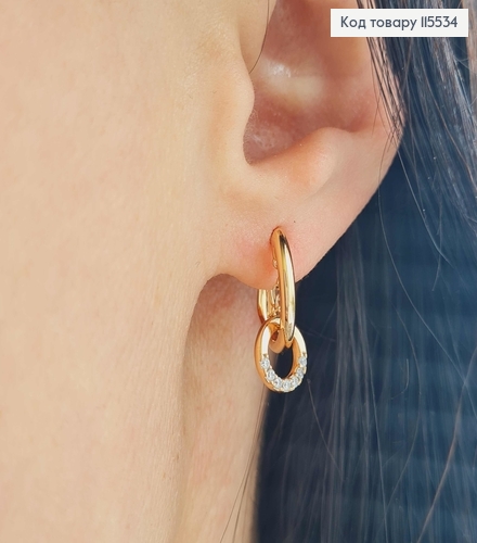 Серьги полукруг 1,5см, с подвеской колечком в камешках и цепочкой, англ. зам. Xuping 18K 115534 фото 2