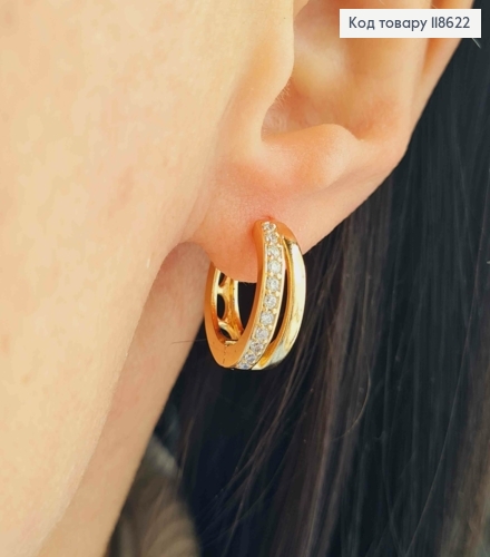 Серьги кольца украшены Блестящими камешками, ширина 6мм, диаметр 1,6см, Xuping 18К. 118622 фото 2