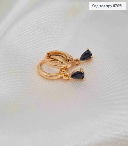 Серьги кольца с подвесным черным камешком, диаметр 1,1см, Xuping 18к. 117651 фото 2