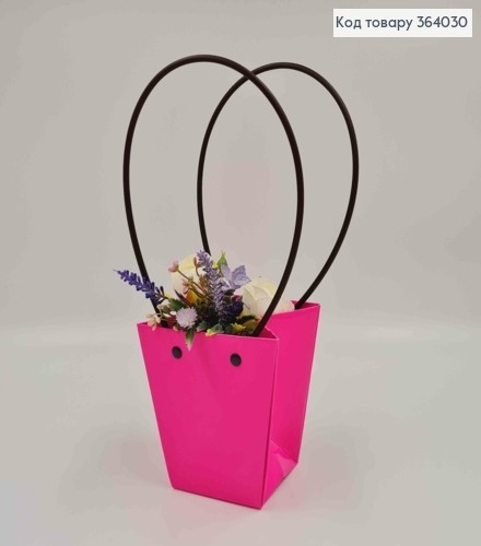 Флористична сумочка глянцева РОЖЕВА, конусна з пластик. ручками 12*12*12,5см 364030 фото 2