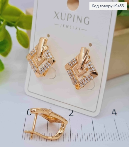Серьги "Ромбы" с Блестящими камешками, 1,6см, английская застежка, Xuping 18К 119453 фото 2