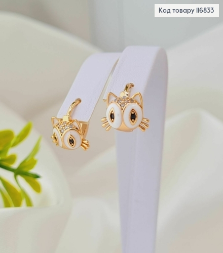 Серьги кольца 1см, "Котенок" с белой эмалькой Xuping 18K 116833 фото 2