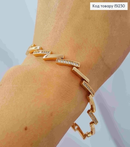 Браслет плетения прямоугольными пластинами с блестящими камешками, длина 17+2см, Xuping 18К. 151230 фото 2