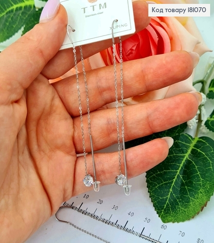 Серьги родованные, протяжки 8см, с камешком, 0,5см Xuping 181070 фото 2