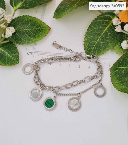 Браслет серебряного цвета, "Van Cleef" с зеленой эмальлькой и камешками, 17+4см сталь Stainless Steel 250016 фото 2