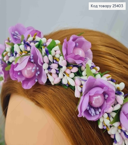 Обруч - венок, металл, фиолетовые цветочки с разноцветным приложением, ручная работа, Украина. 25403 фото 2