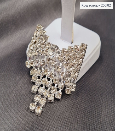 Брошка метал Бантик серебро с камушками 5х4см 235182 фото 2