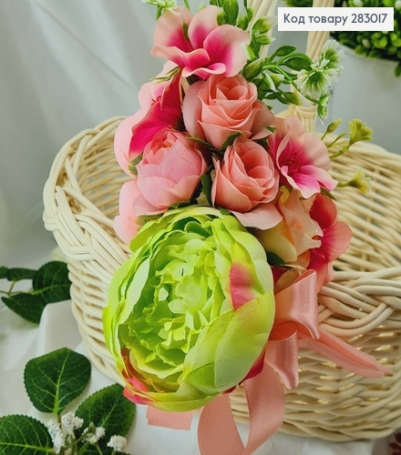 Декоративная повязка для корзины САЛАТОВАЯ в ассорт.(розовые и белые цветы)18*15см на завязках фото 3