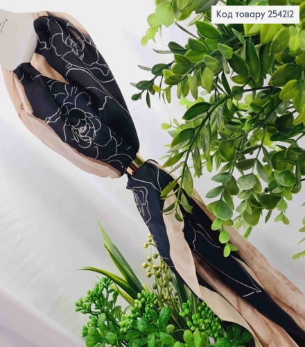 Хустка з колечком, Чорно-Кремового кольору з малюнком "Квітка", 70*70см, 100% поліестр (шовк) 254212 фото 3