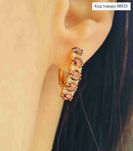 Сережки "Орбіта" прикрашені Червоними камінцями, 1,8см, англійська застібка, Xuping 18K 118933 фото 3