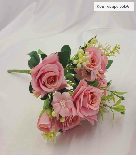 Штучна композиція Троянди, РОЖЕВОГО кольору, 7 гілочок на металевому стержні, висота30см 551561 фото 2