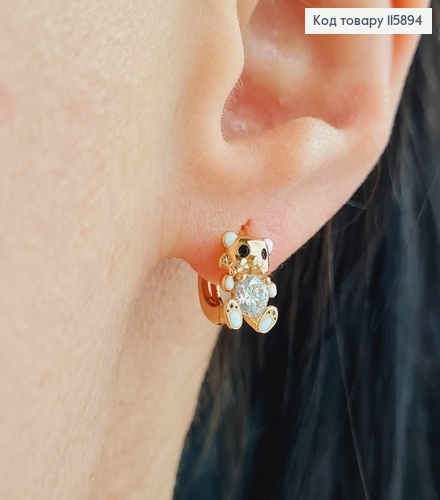 Сережки кільця 0,9см, з ведмедиком 1см, з білими лапками та камінцем, , Xuping 18K  115894 фото 2