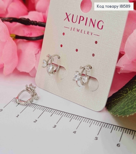 Серьги родованные кольца, "Вишневое Сердце" с Блестящими камешками, 1см, Xuping  181589 фото 2