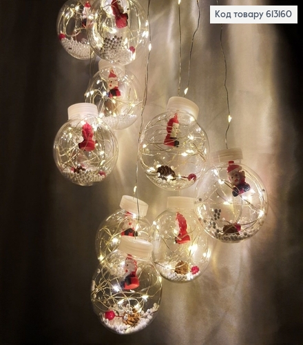 Гирлянда шторка Дед Мороз в шаре 70 мм 10 шт белая проволока 4* 0,55- 0,8м белая теплая( с удлинителем) 613160 фото 3