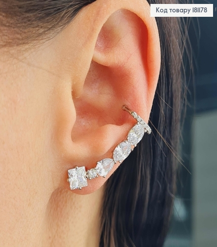 Серьги родваные, гвоздики + кафы, "Ручеек из камней", 3см, Xuping 181178 фото 2