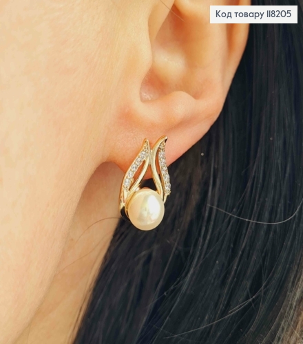Серьги "Полет Ангела" с жемчужкой и камешками, размер 1,7*1,2см, английская застежка, Xuping 18K 118205 фото 3