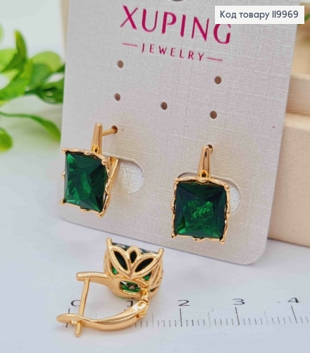 Серьги с квадратным изысканно-зеленым камнем, дл. 1,5см, английская застежка, Xuping 18K 119969 фото 2