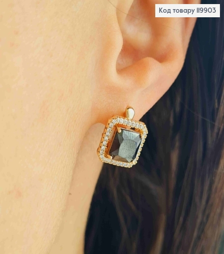 Сережки з Квадратним Чорним каменем в оправі з камінців, довж. 1,5см, англ. застібка, Xuping 18К 119903 фото 2
