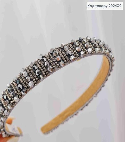 Обруч пластик, СРІБНОГО кольору,  плетений Стеклярусом та Бісером, ширина 1,5см 292409 фото 2