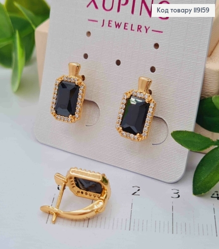 Серьги с Большим Черным камнем в оправе из камешков, 1,4см, англ. застежка, Xuping 18К 119159 фото 2