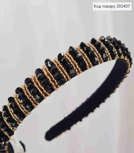 Обруч пластик, ЧОРНО-ПУДРОВОГО кольору,  плетений Стеклярусом та Бісером, ширина 1,5см 292407 фото 2