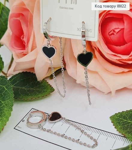 Серьги кольца 1,3см, с подвесками цепочками и Сердечками, с черной эмалью, Xuping 181122 фото 2