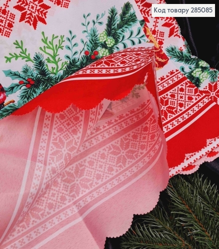 Скатерть новогодняя красная "Орнамент с вышивкой и новогодней веткой", размер 110*110см 285085 фото 2