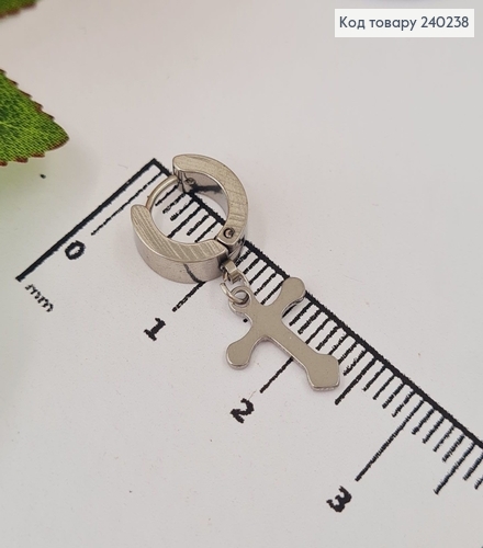 СЕРЕЖКА кільце 1,2см Хрестик срібного кольору 1,5*1,1см, Stainless Steel 260004 фото 2