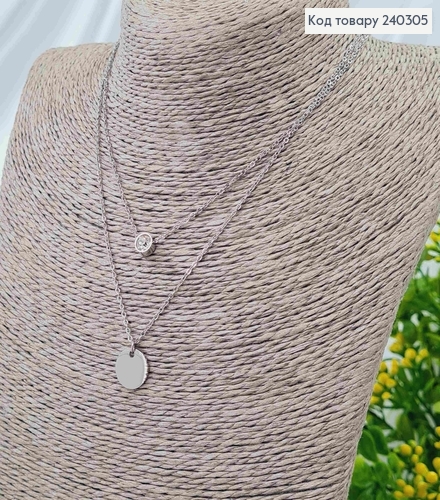 Цепочка двойная, с подвесками камнем и плоской монеткой, 40+5см, сталь Stainless Steel 240305 фото 2