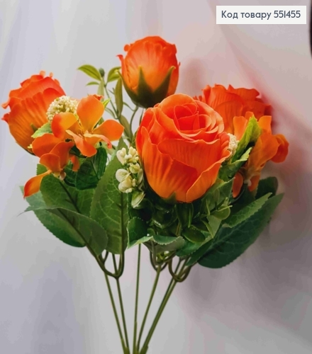 Искусственная композиция Розы с Жасмином, Оранжевого цвета, 7 веточек на металл.стержне, высота 33см 551455 фото 2
