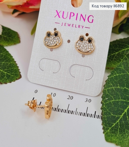 Серьги гвоздики, "Лягушка", мордочка лягушки в камешках, 1см, Xuping 18K 116892 фото 2