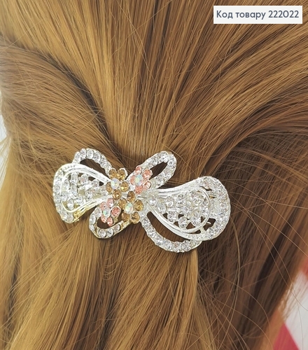 Заколка автомат металл серебряный с цветными цветами 7 см 222022 фото 2