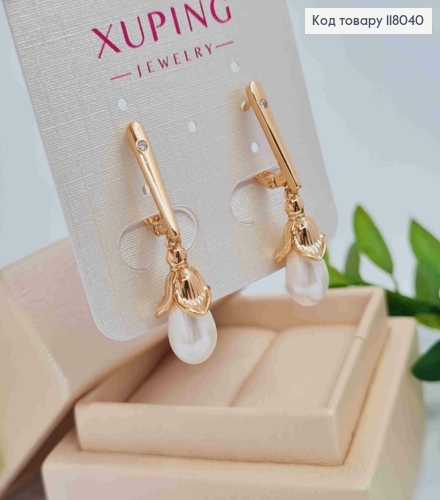 Серьги "Цветок Колокольчик" с жемчужиной, 1,7+1,8см, английская застежка, Xuping 18K 118040 фото 2