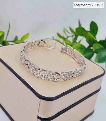 Браслет родований плетіння ПРЯМОКУТНИМИ пластинами з Блискучими камінцями, довж. 17+2см, Xuping 200308 фото 3