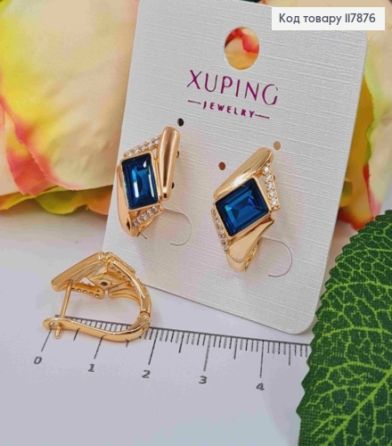 Серьги "АннеТ" с Синим камнем сваровски, длина 2см, англ застежка, Xuping 18K 117876 фото 2