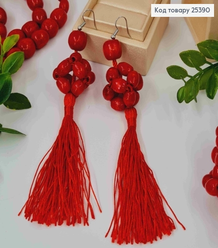Серьги крючки из Деревянных бусин + Кисточка, Красного цвета, 3,4+8,5см, Ручная работа 25390 фото 3