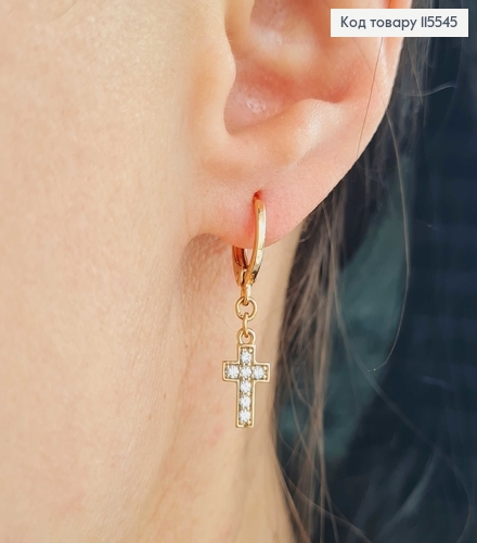 Сережки кільця 1см., з підвіскою хрестиком в камінцях 1см. Xuping 18K 115545 фото 2