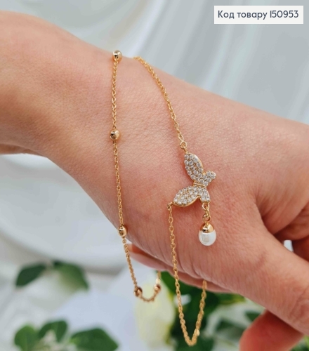 Браслет двойной, с шариками и подвеской Бабочкой и жемчужиной, дл. 24+5см, Xuping 18K 150953 фото 2