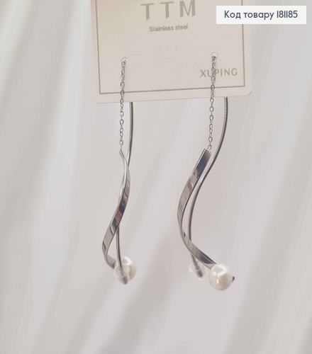 Серьги родованные, "Спирали" с жемчужиной, 5см. Xuping 181185 фото 2