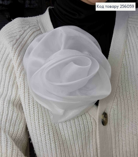 Брошь-заколка, объемная роза БЕЛОГО цвета, двойная, 17см, ткань органза, ручная работа 256059 фото 2