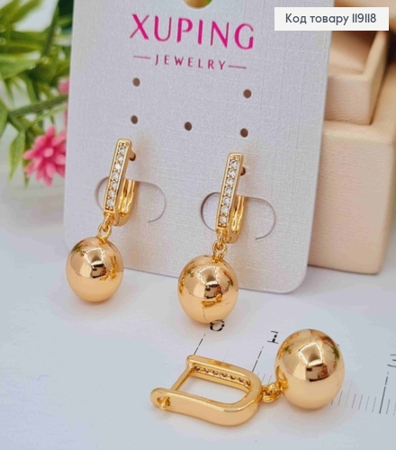 Сережки прикрашені камінцями з підвісною Кулькою, 1,5+1см, англійська застібка, XUPING 18K 119118 фото 3