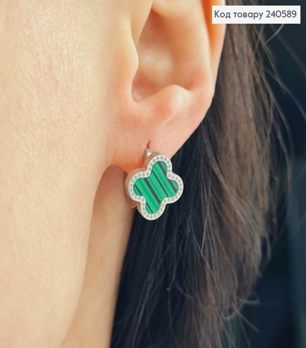 Серьги кольца, серебряного цвета, с зеленой эмалью, "Van Cleef", сталь Stainless Steel 240589 фото 3