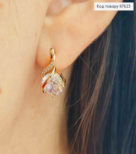 Сережки "Бажання" з великим Блискучим та маленькими камінцями, 1,6см, англ. застібка, Xuping 18К 117623 фото 3